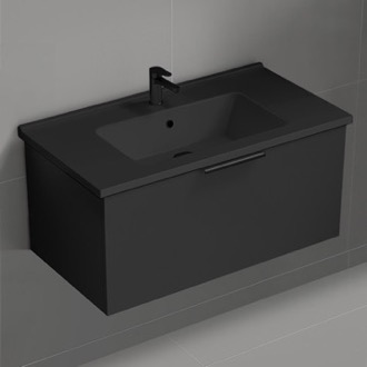 Bathroom Vanity Black Bathroom Vanity With Black Sink, Modern, Wall Mounted, 34