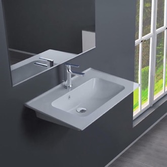 Bathroom Sink Rectangular White Ceramic Wall Mounted Sink CeraStyle 041900-U