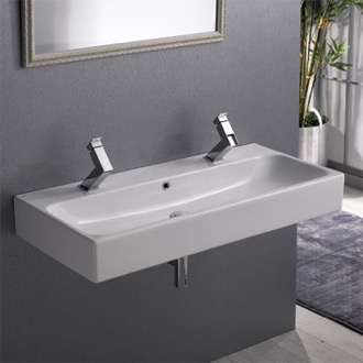 Bathroom Sink Trough Ceramic Wall Mounted or Vessel Sink CeraStyle 080500-U