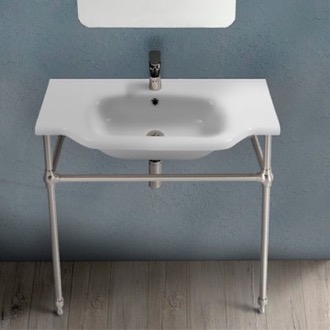 Console Bathroom Sink Traditional Ceramic Console Sink With Satin Nickel Stand, 32