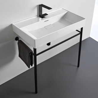 Console Bathroom Sink Rectangular White Ceramic Console Sink and Matte Black Stand, 32