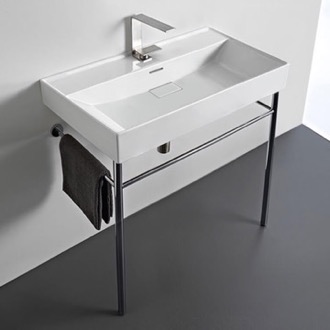 Console Bathroom Sink Rectangular White Ceramic Console Sink and Polished Chrome Stand, 32
