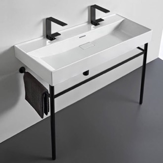 Console Bathroom Sink Trough White Ceramic Console Sink and Matte Black Stand, 40