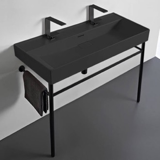 Console Bathroom Sink Trough Matte Black Ceramic Console Sink and Matte Black Stand, 40