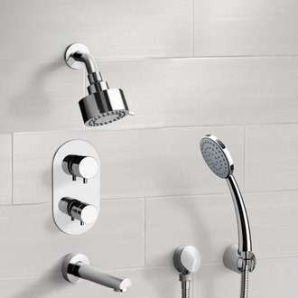 Tub and Shower Faucet Chrome Thermostatic Tub and Shower System with Multi Function Shower Head and Hand Shower Remer TSH04