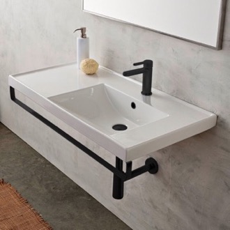 Bathroom Sink Rectangular Wall Mounted Ceramic Sink With Matte Black Towel Bar Scarabeo 3009-TB-BLK