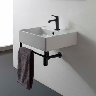 Bathroom Sink Square Wall Mounted Ceramic Sink With Matte Black Towel Bar Scarabeo 8031/R-40-TB-BLK