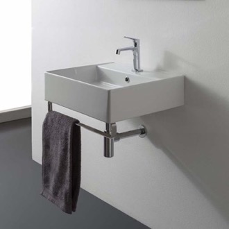 Bathroom Sink Square Wall Mounted Ceramic Sink With Polished Chrome Towel Bar Scarabeo 8031/R-40-TB
