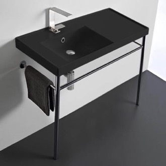 Console Bathroom Sink Matte Black Ceramic Console Sink and Polished Chrome Stand, 36