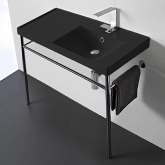 Console Bathroom Sink Matte Black Ceramic Console Sink and Polished Chrome Stand, 36