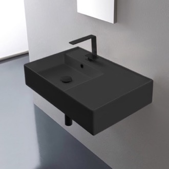 Bathroom Sink Matte Black Ceramic Wall Mounted or Vessel Sink With Counter Space Scarabeo 5114-49
