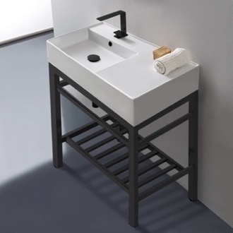 Console Bathroom Sink Modern Ceramic Console Sink With Counter Space and Matte Black Base, 32