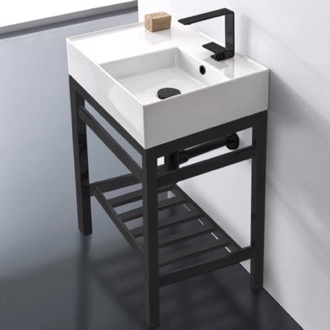 Console Bathroom Sink Modern Ceramic Console Sink With Counter Space and Matte Black Base, 24