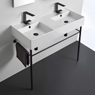 Console Bathroom Sink Double Ceramic Console Sink With Matte Black Stand, 40