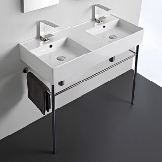 Console Bathroom Sink Double Ceramic Console Sink With Polished Chrome Stand, 40