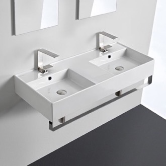 Bathroom Sink Double Ceramic Wall Mounted Sink With Polished Chrome Towel Holder Scarabeo 5142-TB