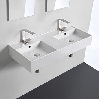 Bathroom Sink Double Rectangular Ceramic Wall Mounted or Vessel Sink With Counter Space Scarabeo 5142