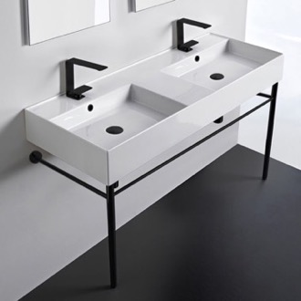 Console Bathroom Sink Double Ceramic Console Sink With Matte Black Stand, 48