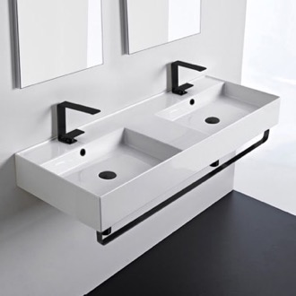 Bathroom Sink Double Ceramic Wall Mounted Sink With Matte Black Towel Holder Scarabeo 5143-TB-BLK