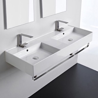 Bathroom Sink Double Ceramic Wall Mounted Sink With Polished Chrome Towel Holder Scarabeo 5143-TB
