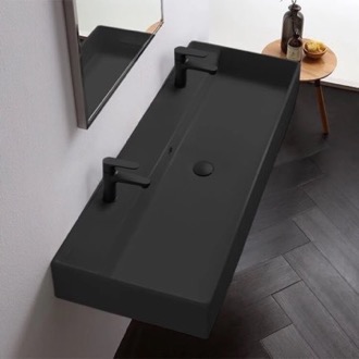 Bathroom Sink Black Ceramic Trough Wall Mounted or Vessel Sink Scarabeo 8031/R-120B-49