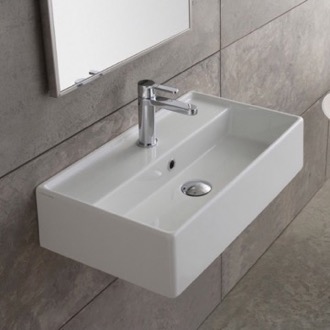 Bathroom Sink Rectangular White Ceramic Wall Mounted or Vessel Sink Scarabeo 5003