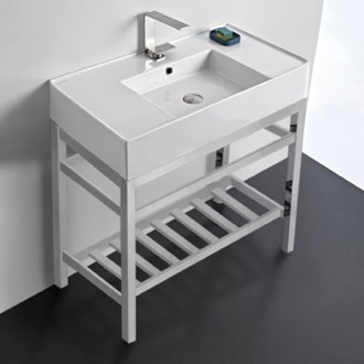 Console Bathroom Sink Modern Ceramic Console Sink With Counter Space and Chrome Base, 32