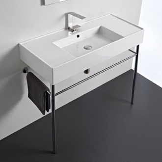 Console Bathroom Sink Rectangular Ceramic Console Sink and Polished Chrome Stand, 40