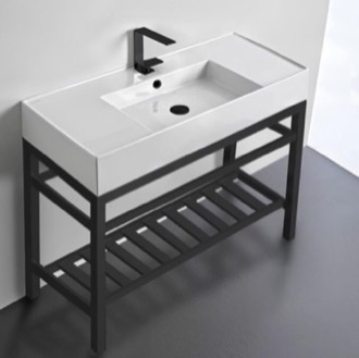 Console Bathroom Sink Modern Ceramic Console Sink With Counter Space and Matte Black Base, 40