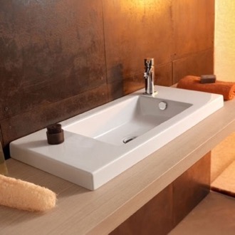 Bathroom Sink Rectangular White Ceramic Wall Mounted or Drop In Sink Tecla 3501011