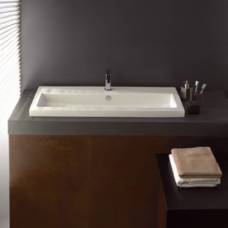 Bathroom Sink Rectangular White Ceramic Drop In or Wall Mounted Bathroom Sink Tecla 4003011A