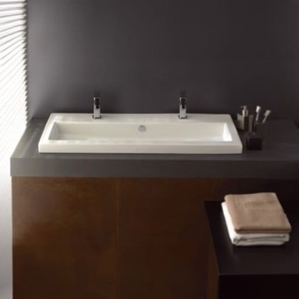 Bathroom Sink Rectangular White Ceramic Drop In or Wall Mounted Bathroom Sink Tecla 4003011B