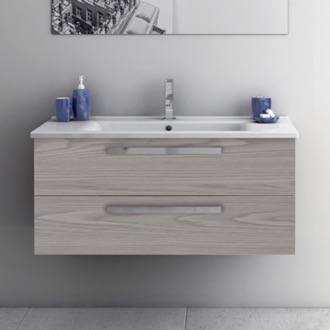 Bathroom Vanity 38 Inch Grey Walnut Wall Mount Bathroom Vanity Set, 2 Drawers ACF DA321