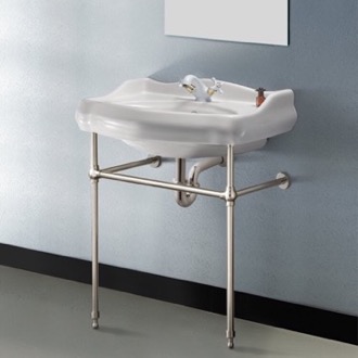 Console Bathroom Sink Traditional Ceramic Console Sink With Satin Nickel Stand CeraStyle 030200-CON-SN