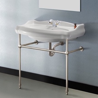 Bathroom Sink Traditional Ceramic Console Sink With Satin Nickel Stand CeraStyle 030300-CON-SN