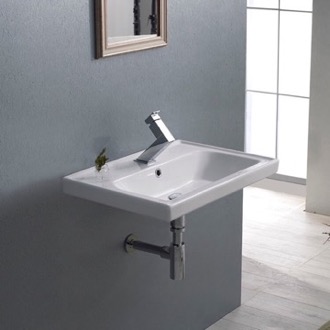 Bathroom Sink Rectangular White Ceramic Wall Mounted or Drop In Sink CeraStyle 030900-U