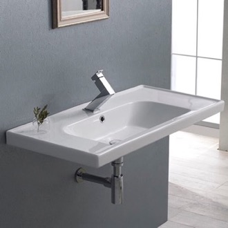 Bathroom Sink Rectangle White Ceramic Wall Mounted or Drop In Sink CeraStyle 031200-U