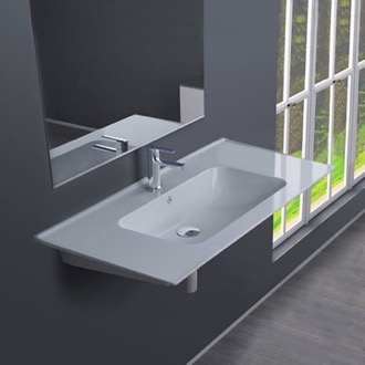 Bathroom Sink Rectangular White Ceramic Wall Mounted or Drop In Sink CeraStyle 042300-U