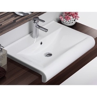 Bathroom Sink Rectangle White Ceramic Wall Mounted or Semi Recessed Sink CeraStyle 061500-U