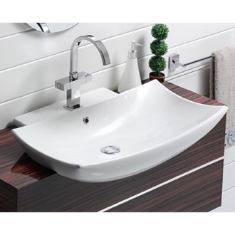 Bathroom Sink Curved Rectangular White Ceramic Wall Mounted or Semi-Recessed Sink CeraStyle 074800-U