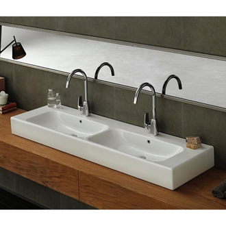 Bathroom Sink Rectangular Double White Ceramic Wall Mounted or Vessel Bathroom Sink CeraStyle 080900-U