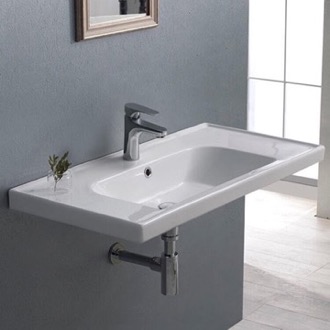 Bathroom Sink Rectangle White Ceramic Wall Mounted or Drop In Sink CeraStyle 031200-U