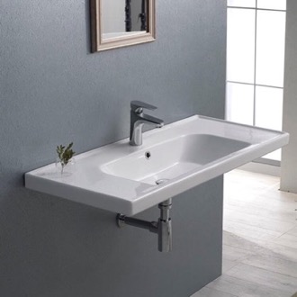 Bathroom Sink Rectangle White Ceramic Wall Mounted or Drop In Sink CeraStyle 031400-U