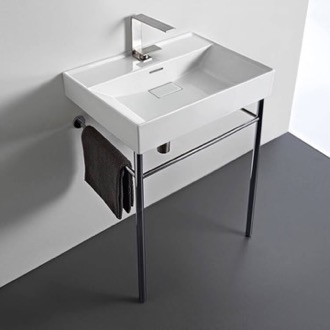 Bathroom Sink Rectangular White Ceramic Console Sink and Polished Chrome Stand CeraStyle 037100-U-CON