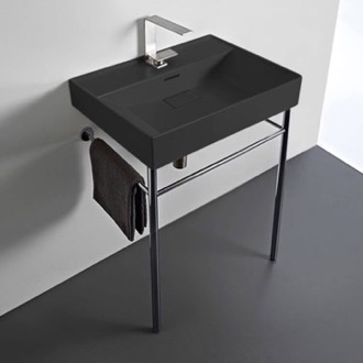 Console Bathroom Sink Rectangular Matte Black Ceramic Console Sink and Polished Chrome Stand CeraStyle 037107-U-97-CON