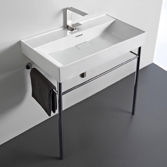 Console Bathroom Sink Rectangular White Ceramic Console Sink and Polished Chrome Stand CeraStyle 037300-U-CON