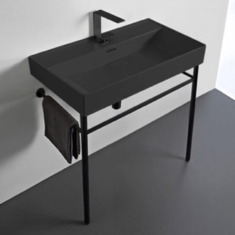 Console Bathroom Sink Rectangular Matte Black Ceramic Console Sink and Matte Black Stand CeraStyle 037307-U-97-CON-BLK