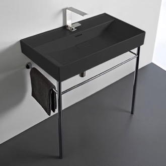 Console Bathroom Sink Rectangular Matte Black Ceramic Console Sink and Polished Chrome Stand CeraStyle 037307-U-97-CON