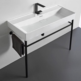 Console Bathroom Sink Rectangular White Ceramic Console Sink and Matte Black Stand CeraStyle 037500-U-CON-BLK