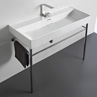 Console Bathroom Sink Rectangular White Ceramic Console Sink and Polished Chrome Stand CeraStyle 037500-U-CON